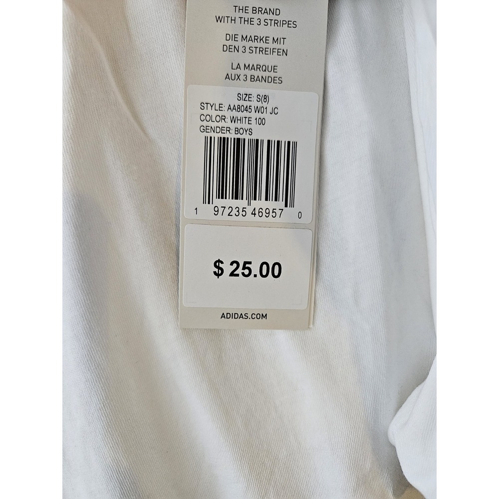 Adidas Boys S Long Sleeve Shirt White Black 3 Stripes‎ Logo Tee Cotton - Picture 5 of 8